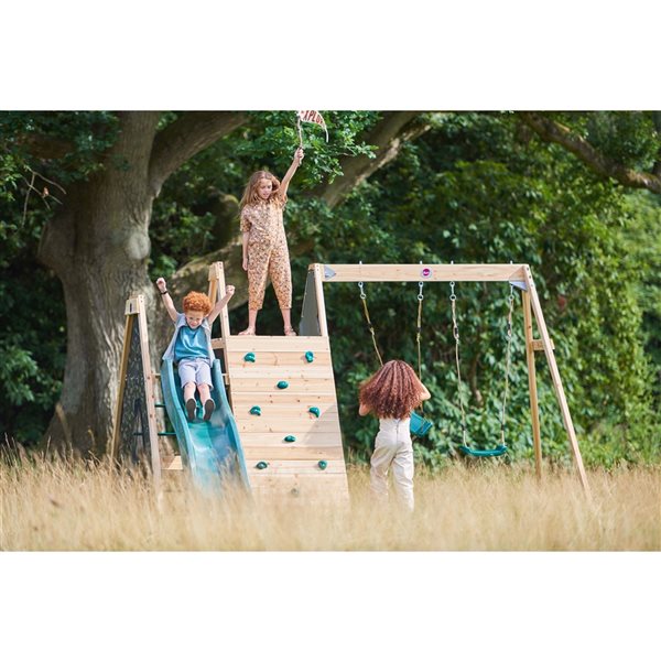 Plum® Residential Wood Climbing Pyramid Playset with Swings