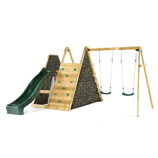 Plum® Residential Wood Climbing Pyramid Playset with Swings